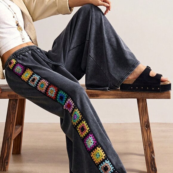 Pants - Black Casual Women's Wide Leg Crochet Patchwork Knit Pants